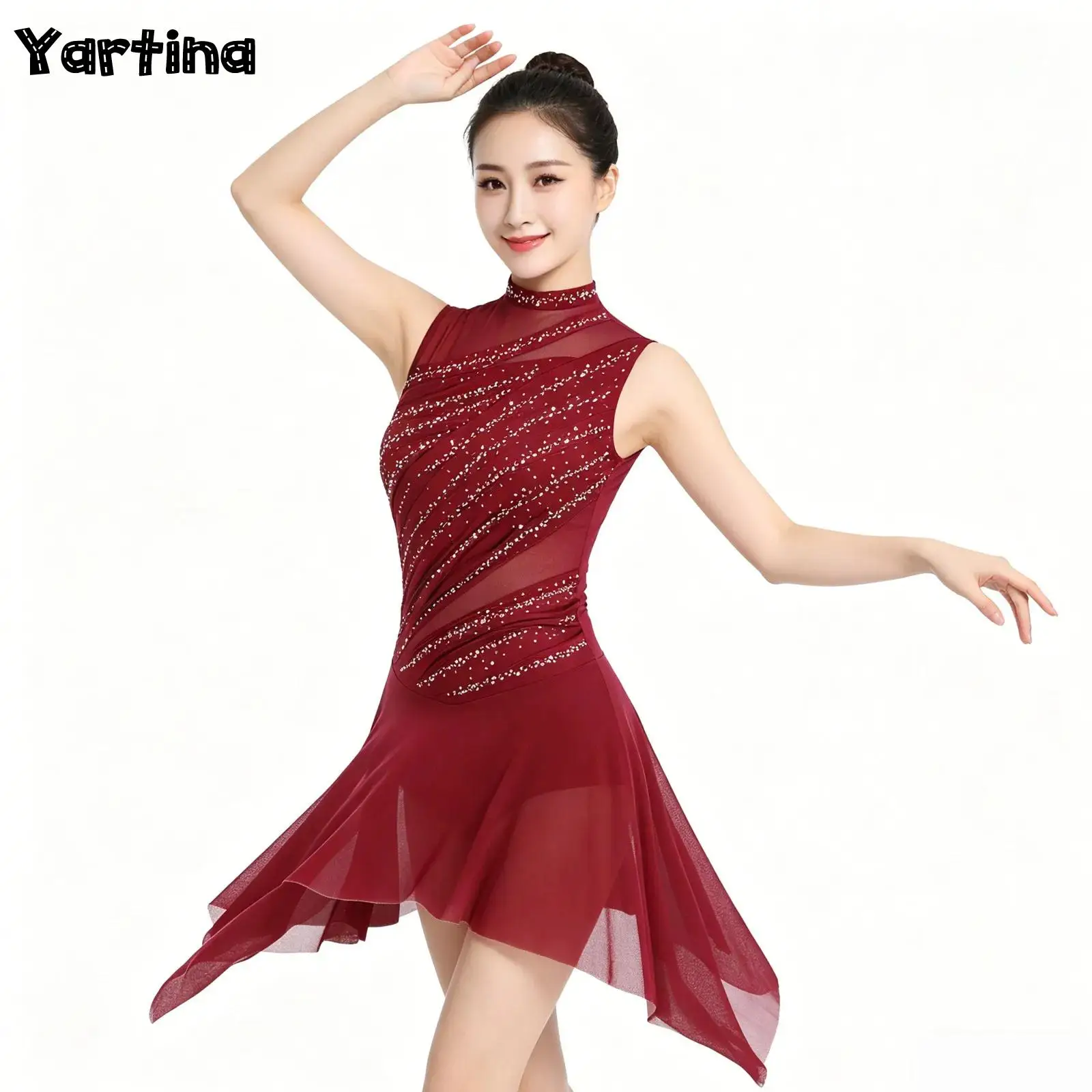 

Womens Rhinestone Ruched Gymnastics Figure Skating Ballet Dance Dress Round Collar Embellished Backless Lyrical Dancing Costume