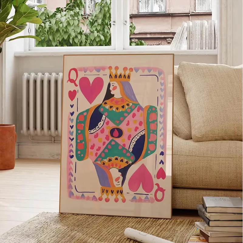 Queen of Hearts Wall Art Print Colorful Playing Card Poster Maximalist Card Decor Dopamine Queen Illustration Canvas Painting