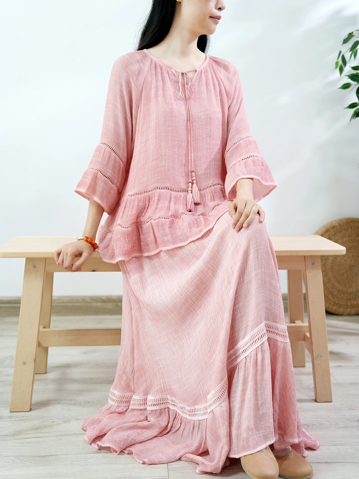 

TIYIHAILEY Tops and Skirts Set for Women, Long Maxi Cotton, New 2025, 2Pcs Set Elastic Waist Flare Sleeve Tees A-line Pink