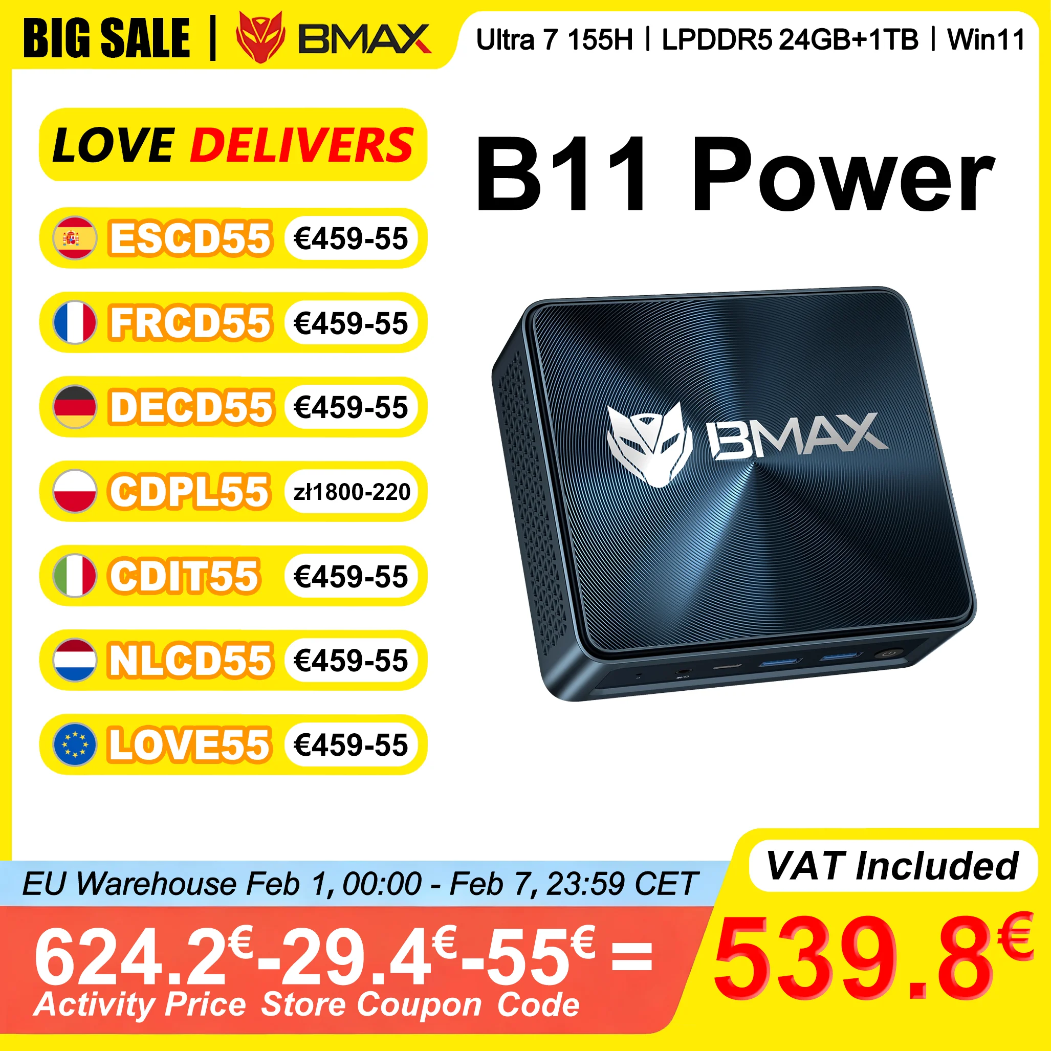 BMAX B11 Power Mini PC Intel Core Ultra 7 155H 24 GB LPDDR5 4400MHz RAM 1 TB SSD Windows 11 Pro WiFi 6 Bluetooth 5.2 HDMI typu C