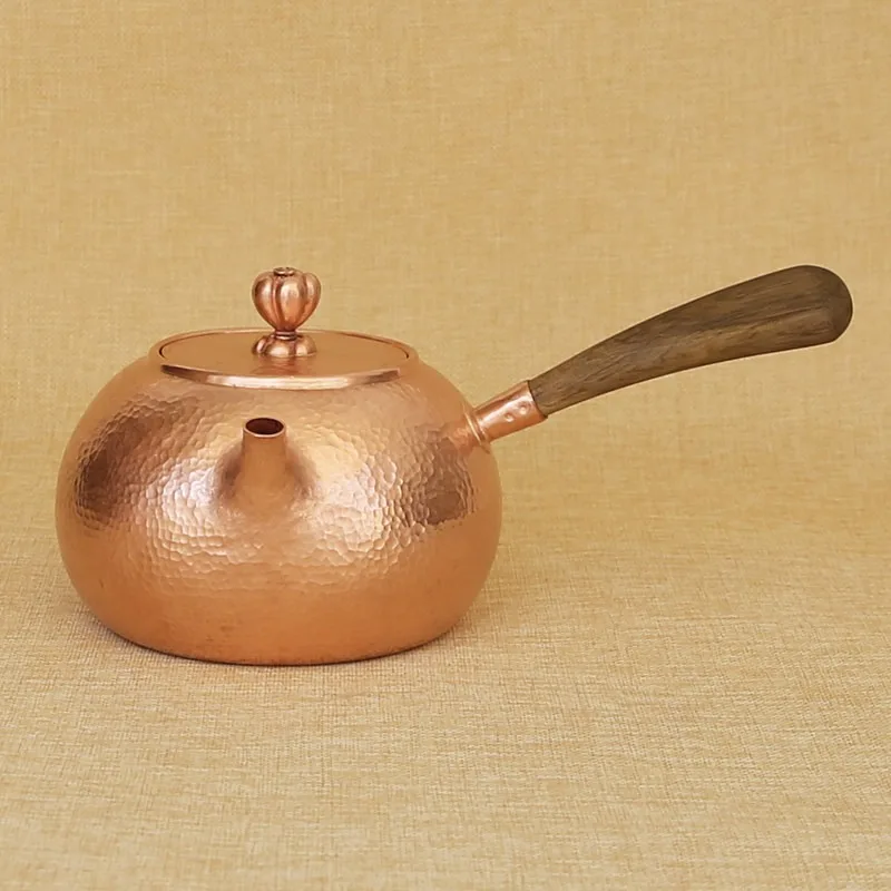 Handmade Hammered Pure Red Copper Kettle 1L Wooden Side Handle Large Capacity Boiling Water Teapot for Home Use