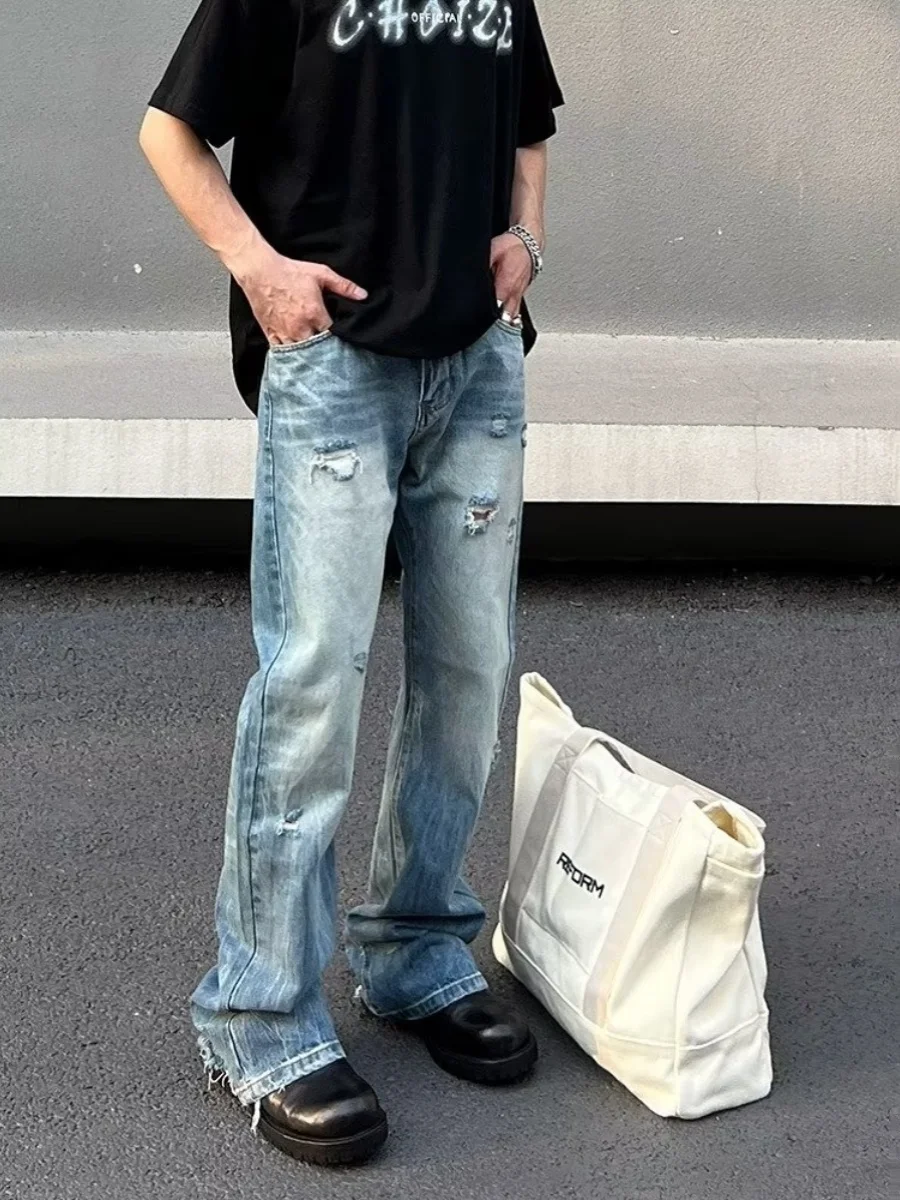 

Retro American Straight Leg Men's Jeans High Street Vibe Waed Clean Fit Trousers Tear Detail Long Pants Youth Trend