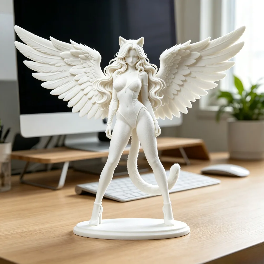 Double winged Angel Catwoman Figurine 3D Printed Fantasy Cat Lady Sculpture Unpainted Desktop Ornament Collectible Gift