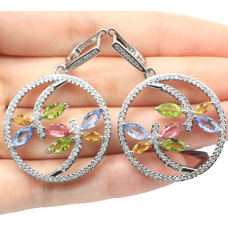 Buy 5 Get 1 Free 48x32mm SheCrown Beautiful Dragonfly Shape Tanzanite Green Amethyst Pink  Kunzite CZ Woman\'s Silver Earrings