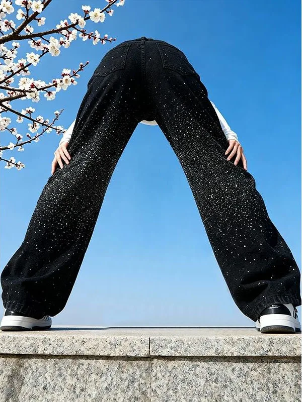 

Женские джинсы Bla Sparkling Diamond Loose: модные широкие брюки с высокой талией, на пуговицах, удобные, износостойкие