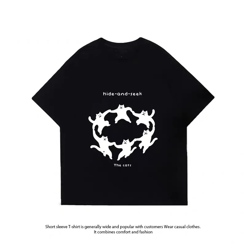ZAZOMDE Cartoon Circle Cats Graphic T Shirt Oversized Loose Short Sleeve Tee Hide and Seek Letter Casual Summer Streetwear Tops