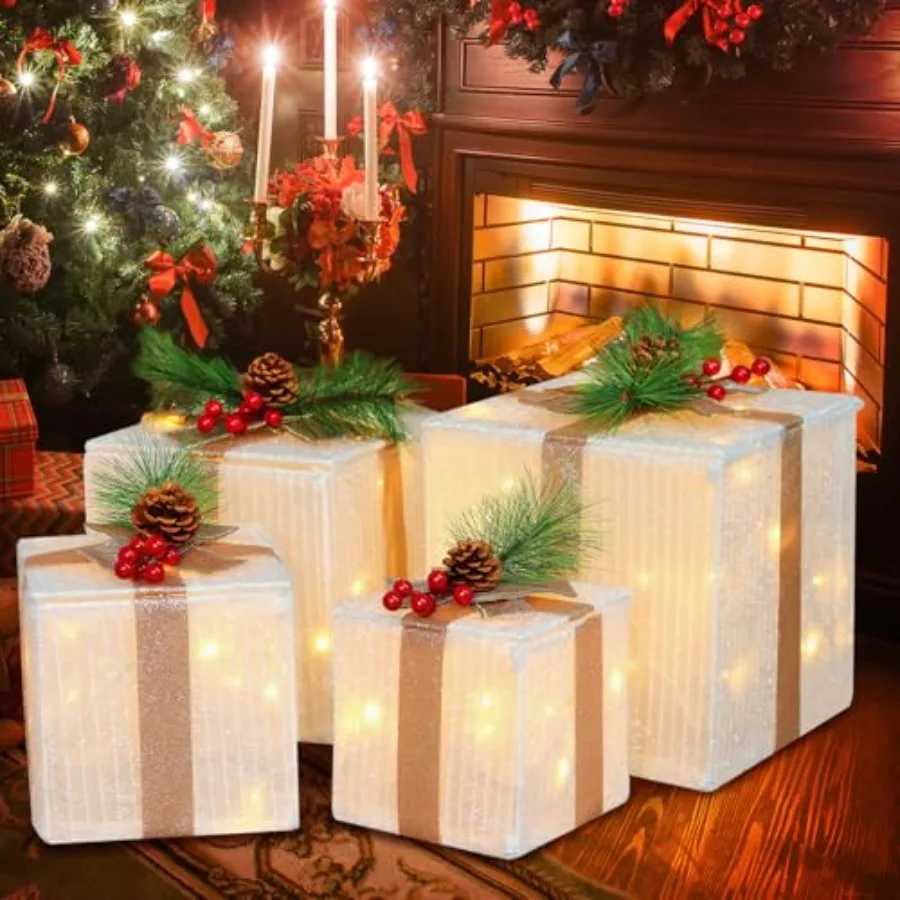 

Set of 4 Christmas Lighted Gift Boxes 70 Led Light Up White Iron Frame Present Box with Pine Cones Bows for Christmas Tree Part