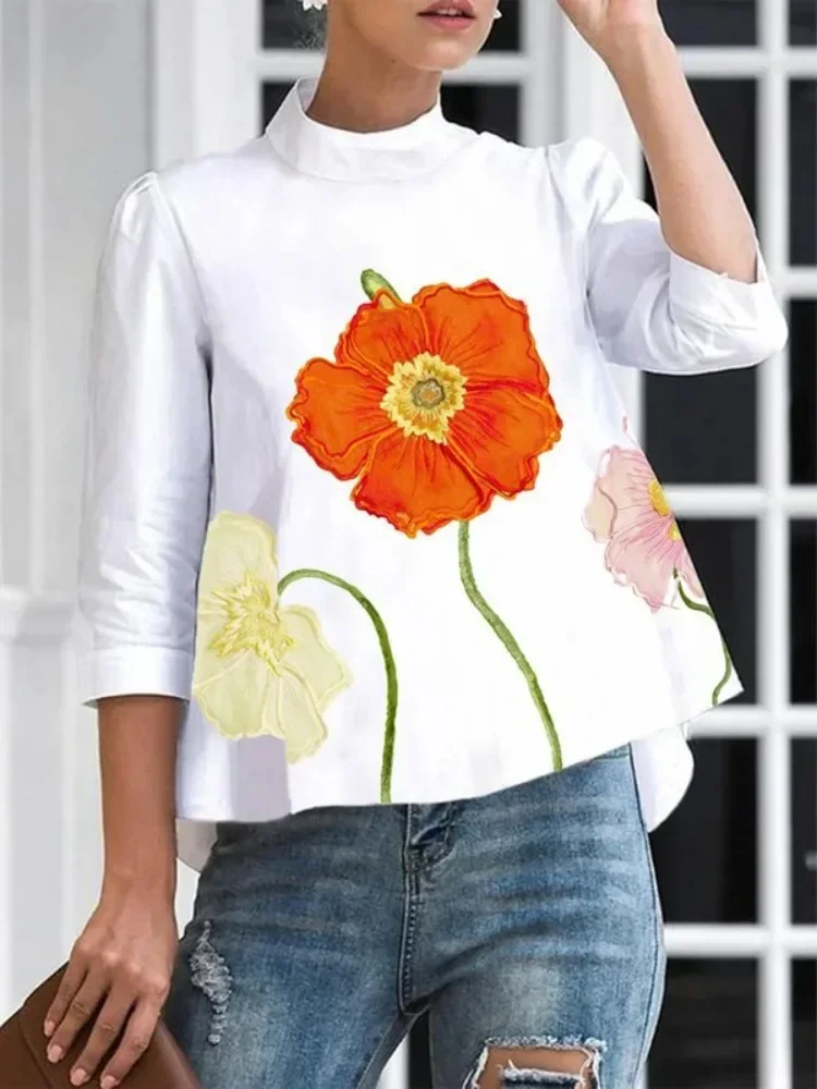 

Modigirl 2024 New Women's Flower Blouse Tops Stand Collar Autumn Summer Three-Quarter Sleeves Casual White T-Shirts for female