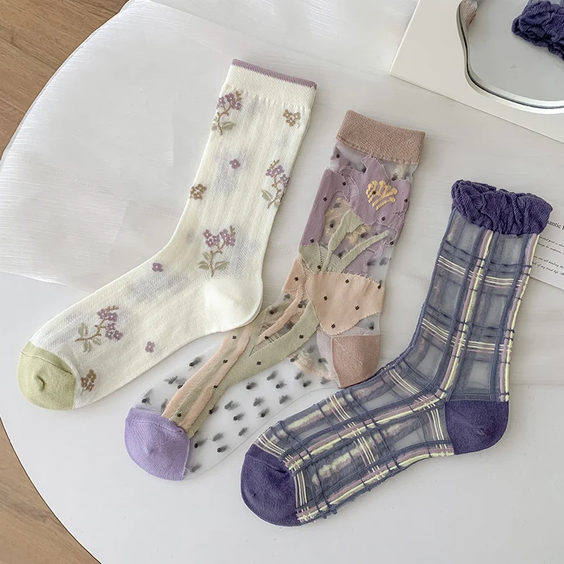 

New Woman Socks Summer Fashion Transparent Socks Female Retro Korean Style Striped Creative Mesh Long Flower Socks Breathable