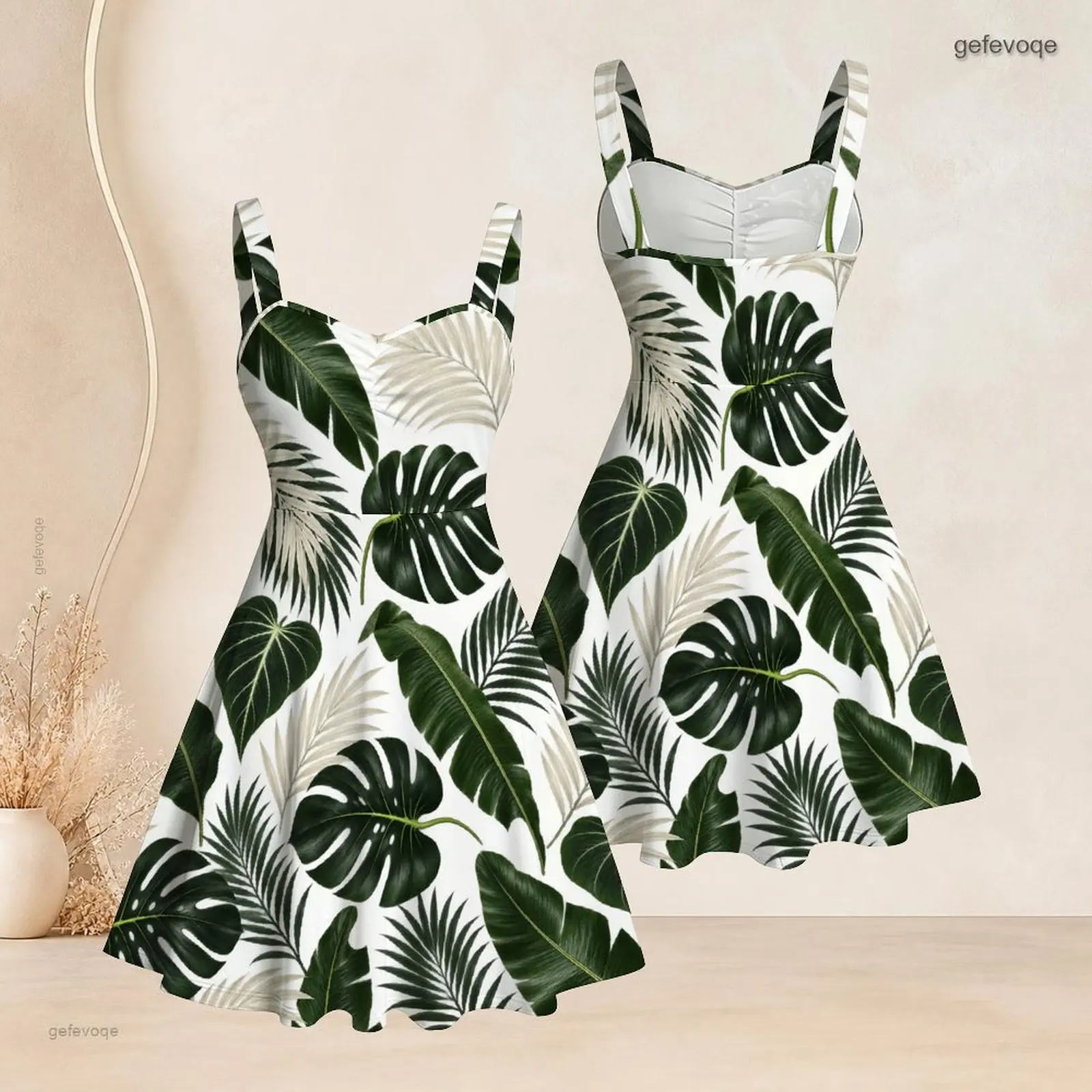 Women Sleeveless Strappy Dress, Printed Yellow Orange Hibiscus White Plumeria Green Tropical Leaf Pattern
