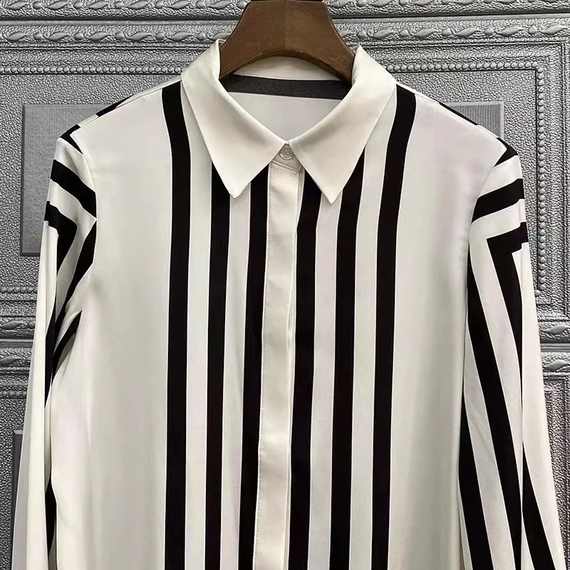 Camisa de manga comprida de seda de alta qualidade feminina outono wear novo temperamento de seda amoreira listrado impresso camisa superior elegantes y2k