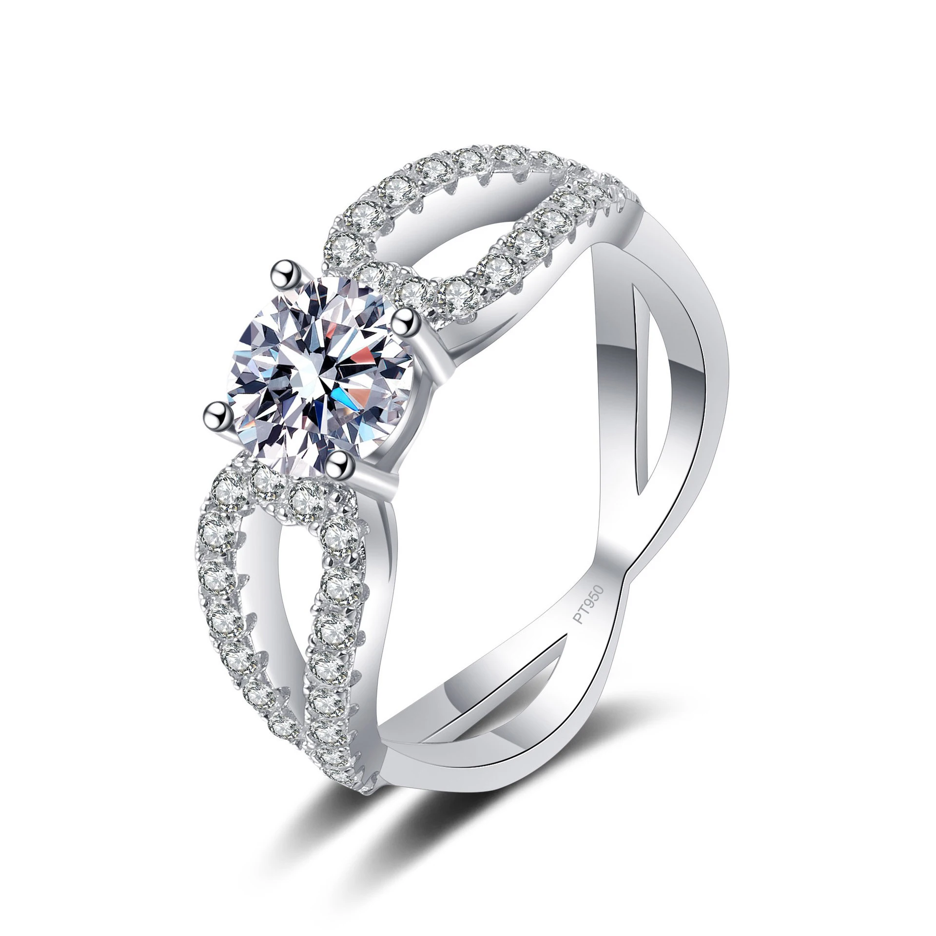 Elegant PT950 Platinum Women's 1-Carat Mossanite Ring, Exquisite Twisted “8” Shape Diamond-Set Wedding Band Charm Jewelry