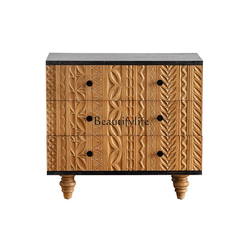 

French solid wood chest retro carved porch decorative cabinet wabi sandy wind