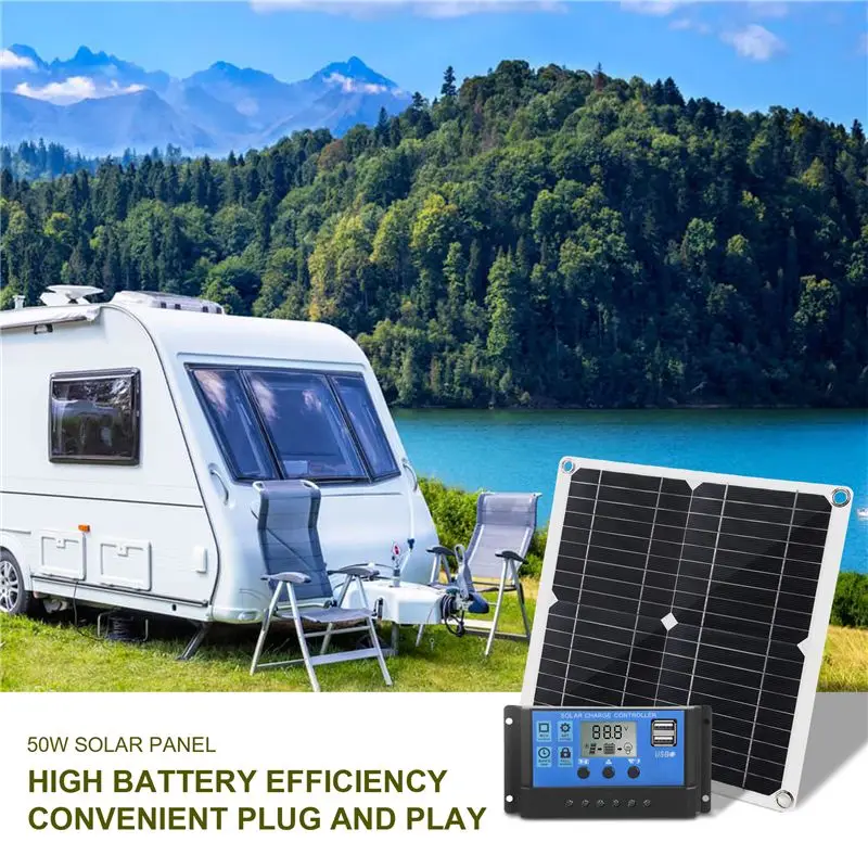 [NEW!A93G】 50W Solar Panel 18V Solar Cells Bank Connector Cover With Solar Controller IP65 For Phone Car RV Boat