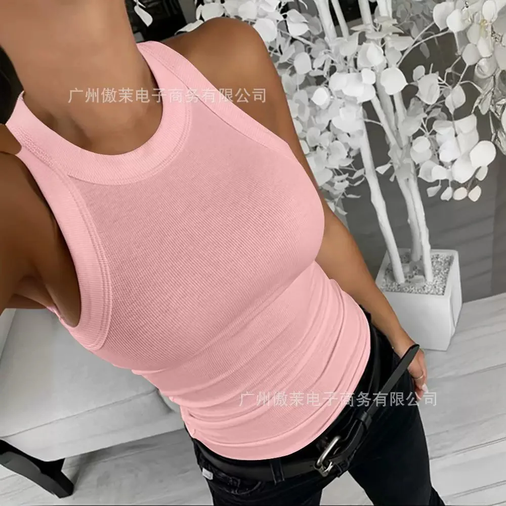 Women Tops Sexy Top Slim Fit Tees Vest Round Neck Sleeveless Tanks Camis Solid Sheath Elegant Splice Tight Waist Summer