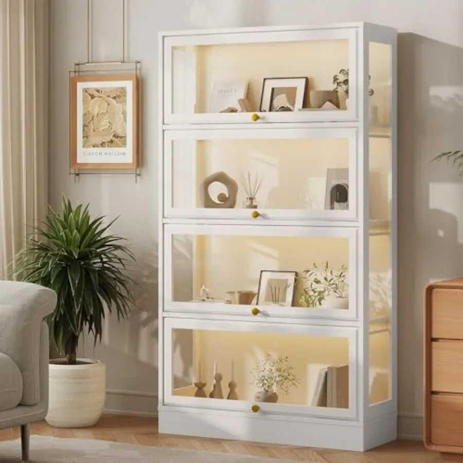 Display cabinet for collectibles and toys, acrylic glass doors, white, 4-tier with LED lighting and organized storage