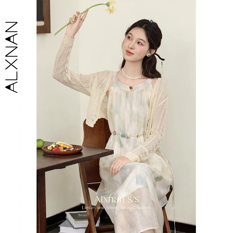 Alxnan vestido feminino sem mangas longo verde mancha frisado cintoshe vestido 2025 verão férias praia elegante roupas femininas l38701