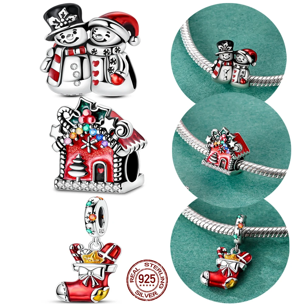 New In 925 Sterling Silver Christmas Charms Snowman Christmas stocking Pendant Jewelry Fit Original Bracelet For Women DIY Gift