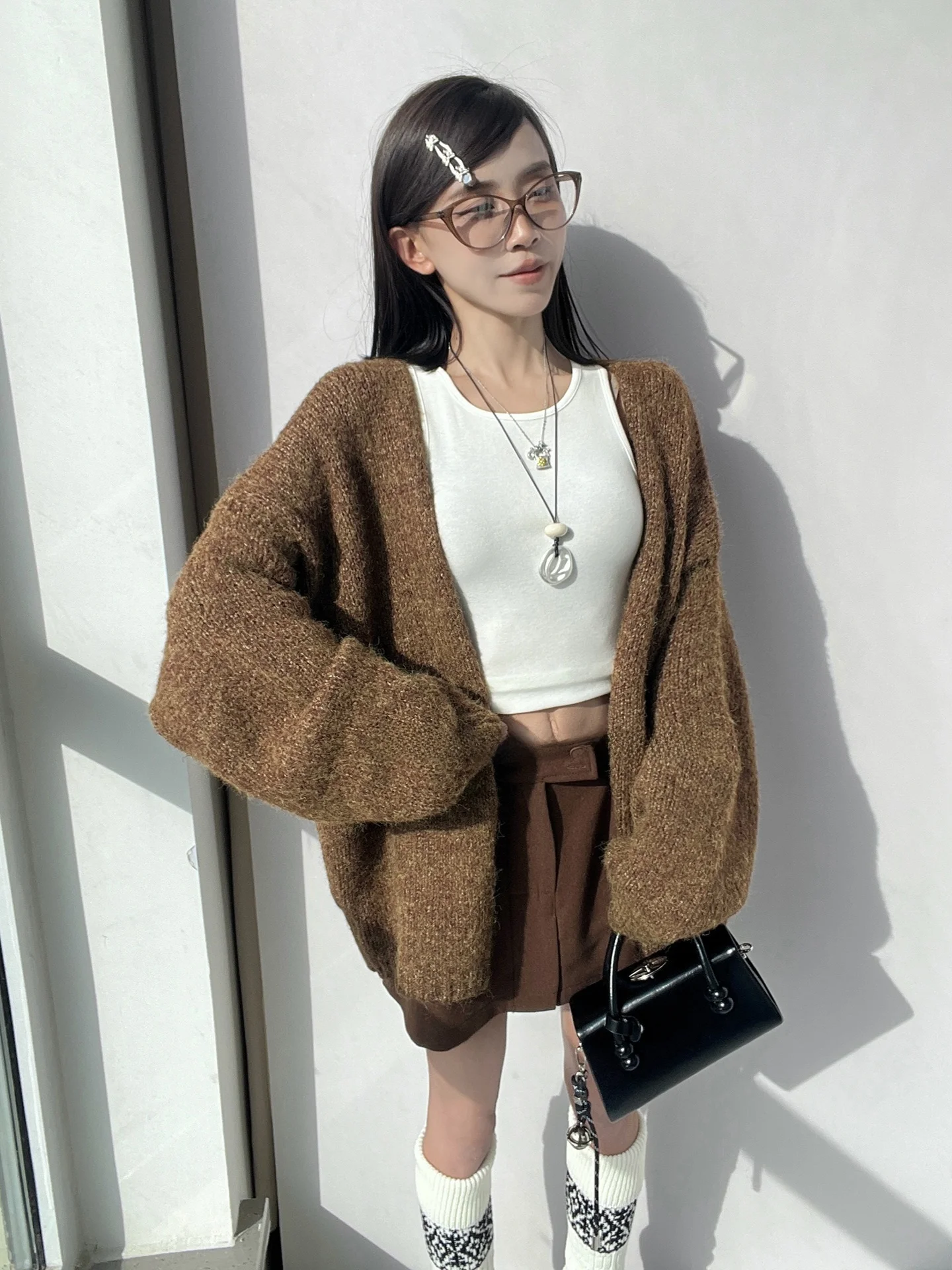 

Loose Women's Knitted Open Cardigan Korean Style Lazy Fashion Outerwear Sweater Jacket Hand Hooked Long Sleeve Mid-Length