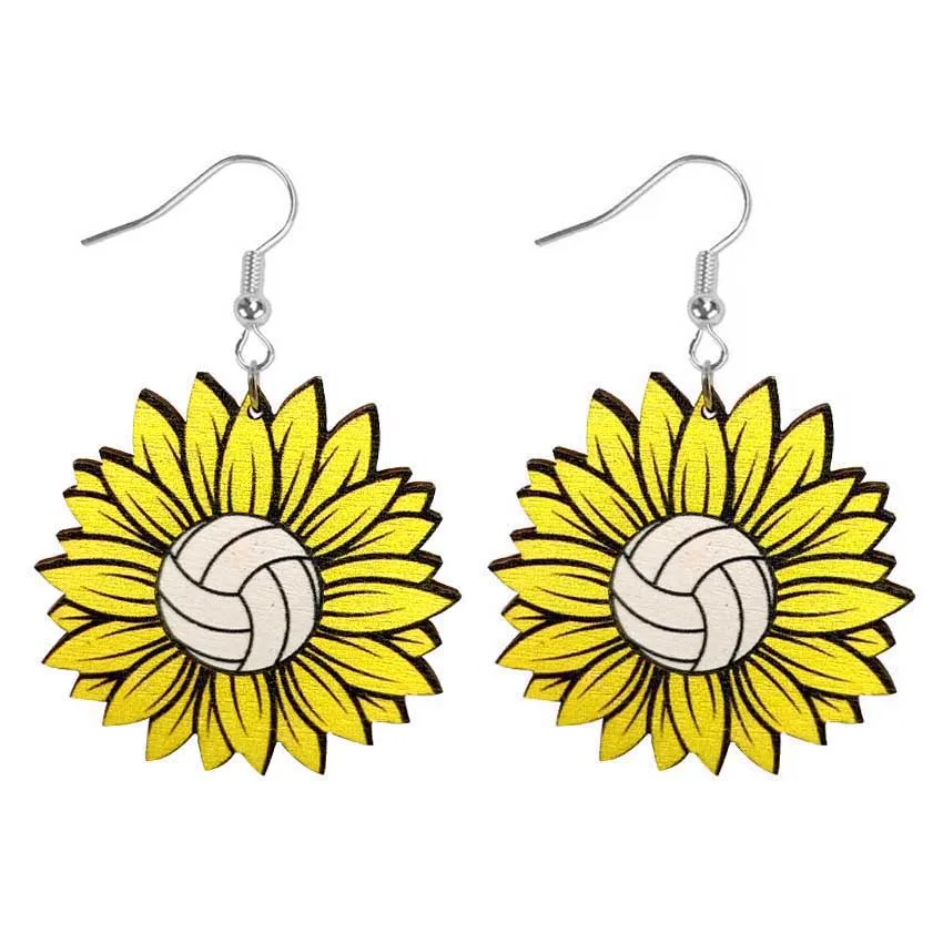 Wood Sunflower Football Softball Baseball Earrings for Women Laser Cute Wooden Flower Sport Jewelry Wholesale