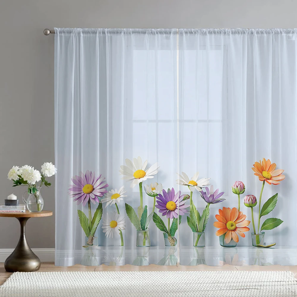 2PCS Home decoration daisy floral printed window screens with pole bags, suitable for kitchens, cafes, and living rooms