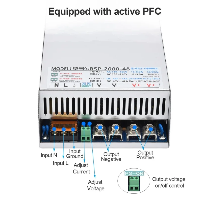 High Quality 2000W 48V 41.6A Single Output Industry Use Switching Power Supply with PFC Function Input 220VAC