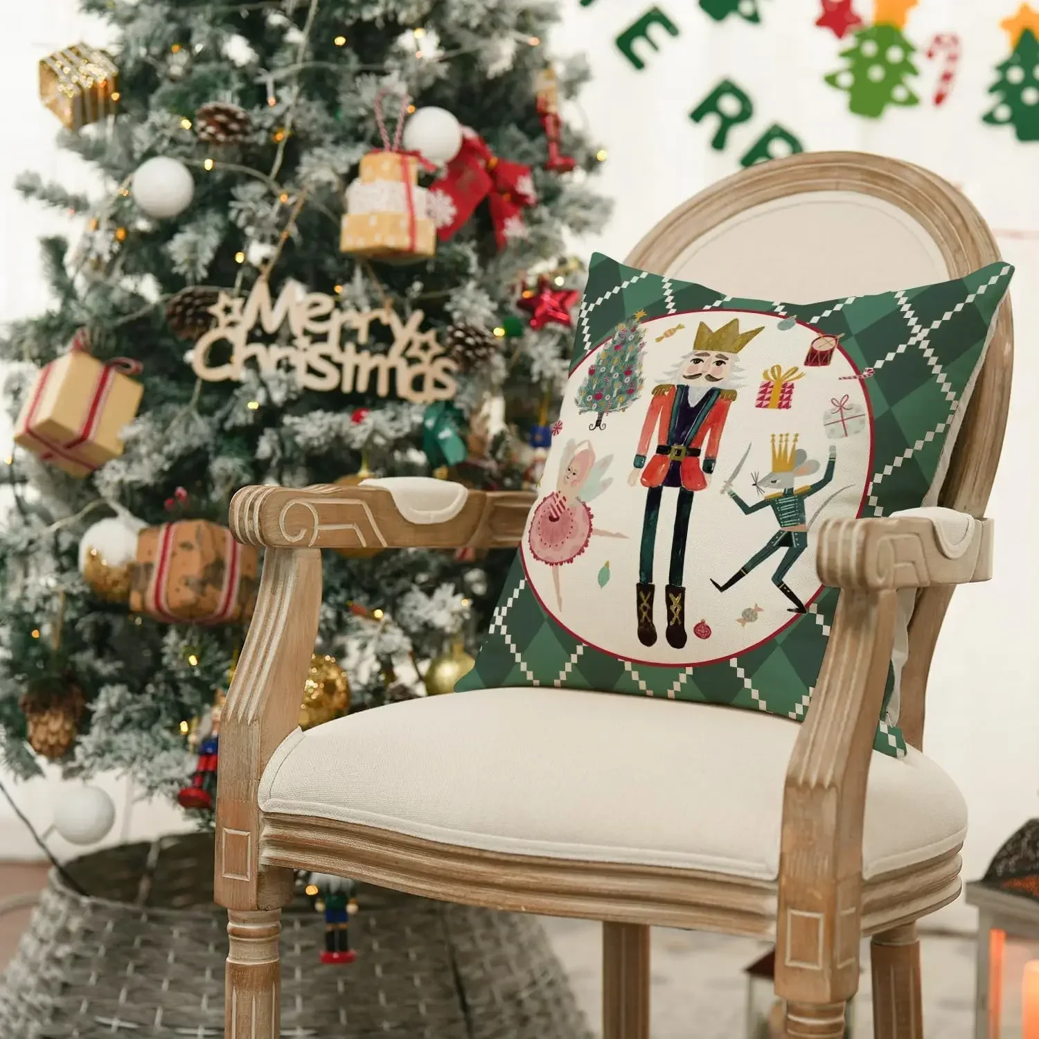 Merry Christmas Nutcracker Green Throw Pillow Covers, Winter Holiday Party Cushion Case Decoration for Sofa Couch 60X60