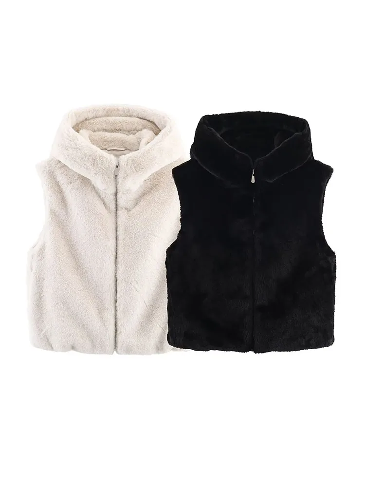 

Women Autumn Winter Vest 2025 Women New Fashion Sleeveless Hooded Artificial Fur Vest Women Elegant Hight Street Leisure Top