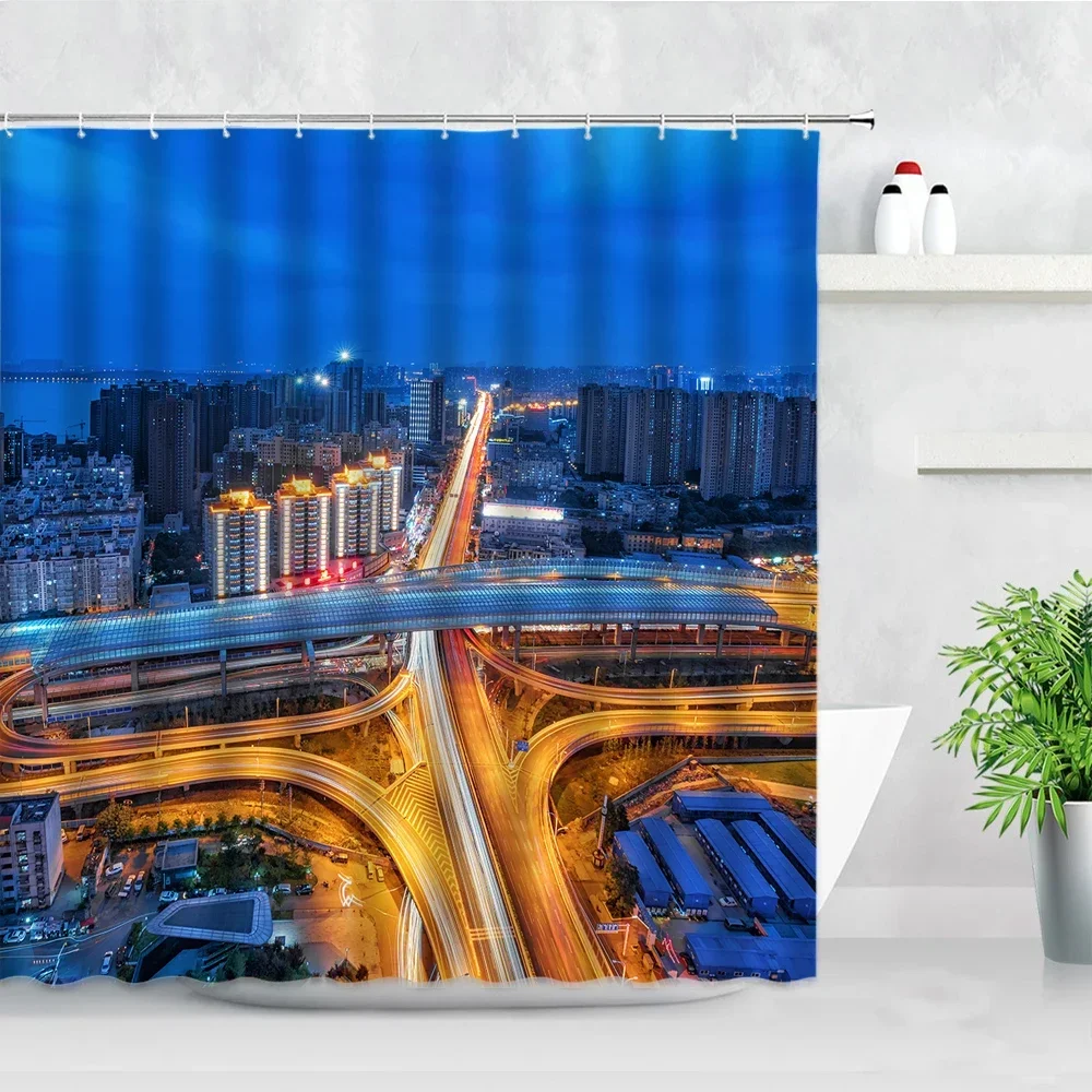 City Night View Shower Curtains Bridge Building Scenery Print Waterproof Fabric Bathroom Curtain Decoration Bathtub Screen