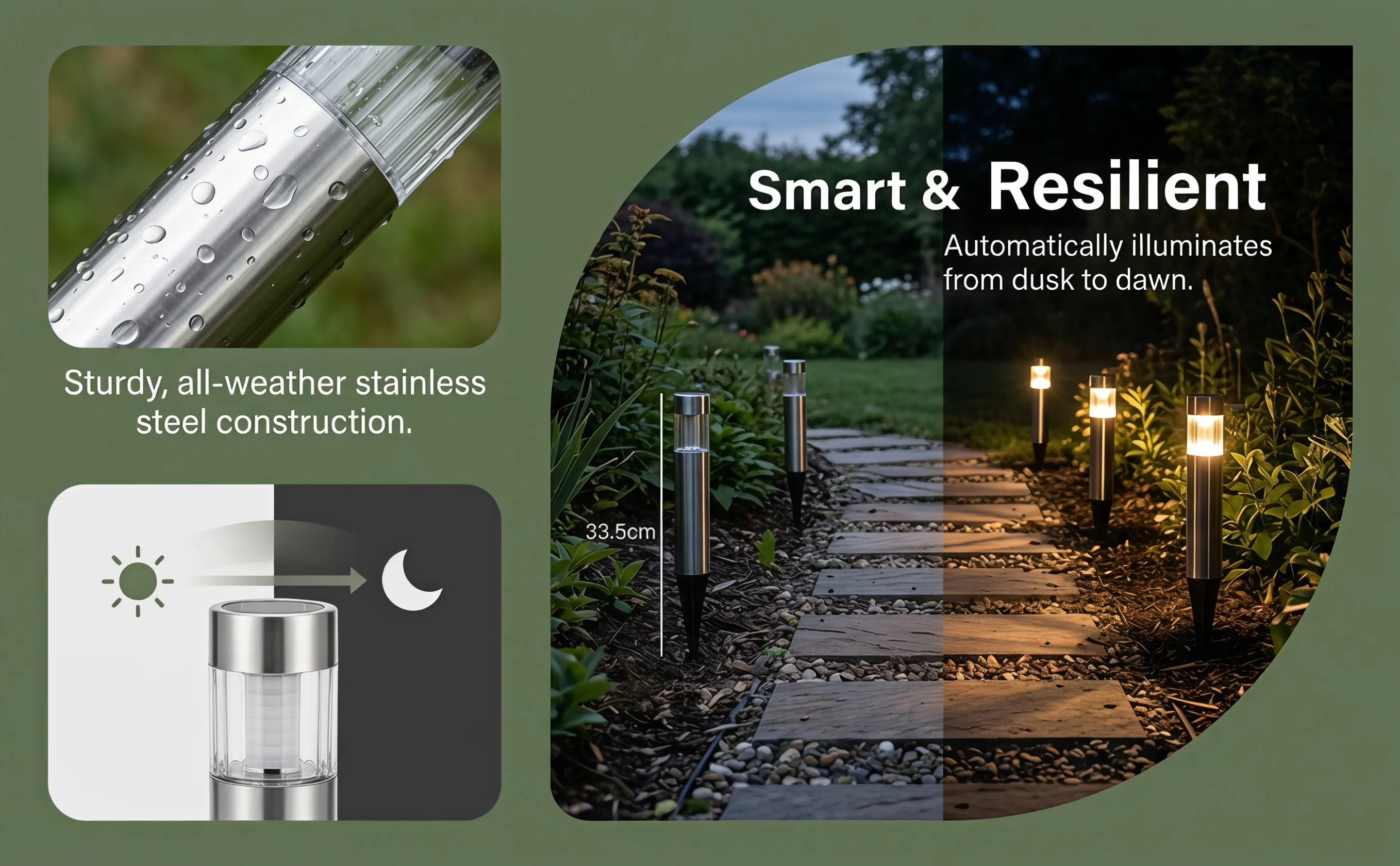 Stainless Steel Solar Lawn Light Outdoor Cylindrical Pin Lamp Waterproof Garden Pathway Yard Landscape Lamp Automatic Charging