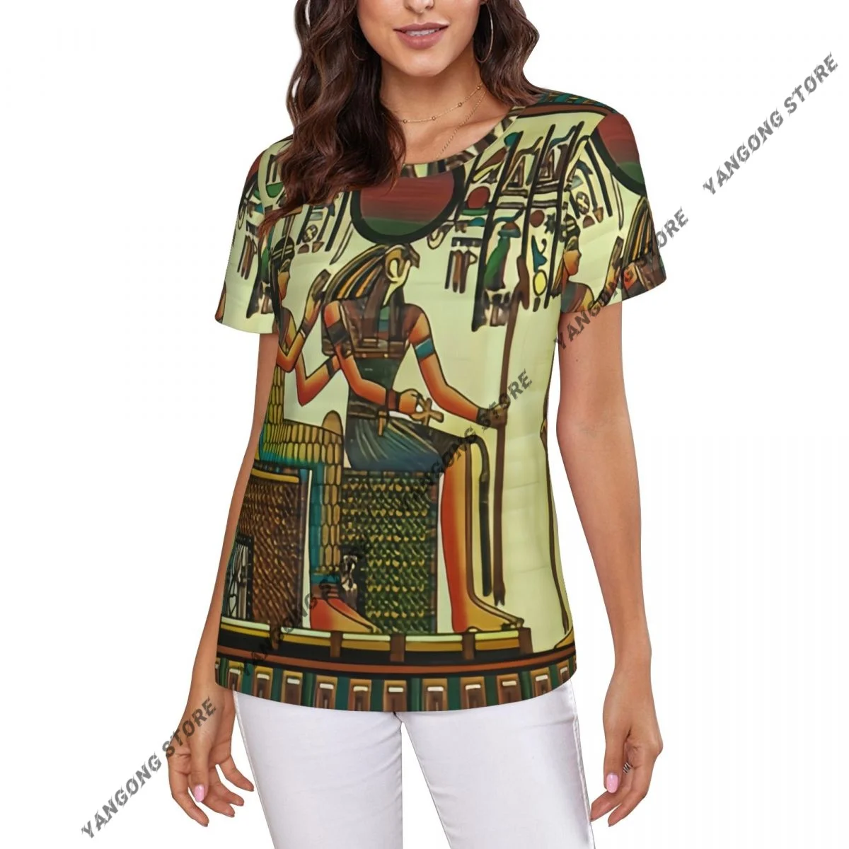 T Shirt Women Ancient Egyptian Papyrus Print Tee Shirt Casual Round Neck Short Sleeve Streetwear Female T-Shirt