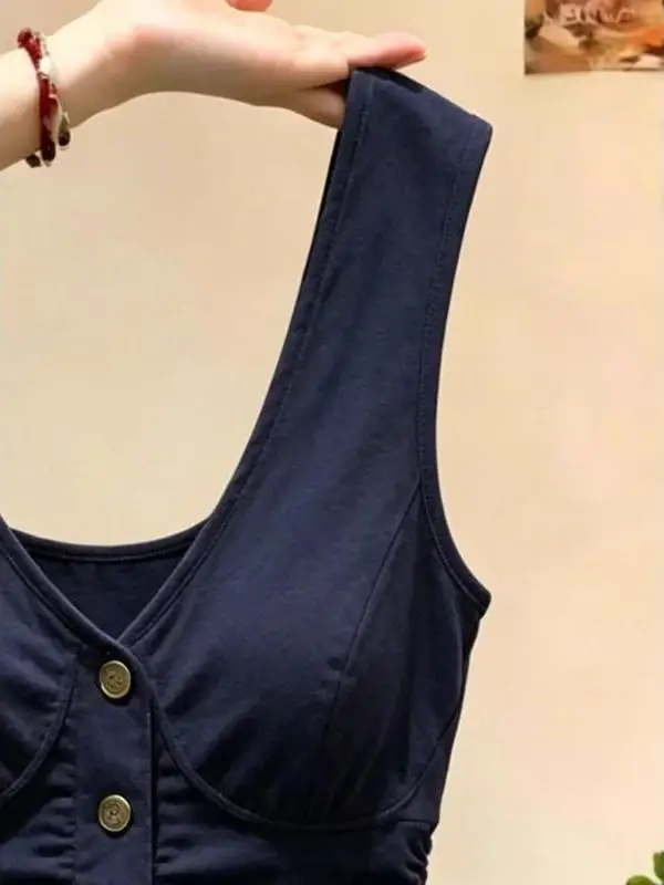Slimming Blue Vest Women's Summer V-neck Belted Sling Top with Chest Pad Breathable Short Style Single Button Closure