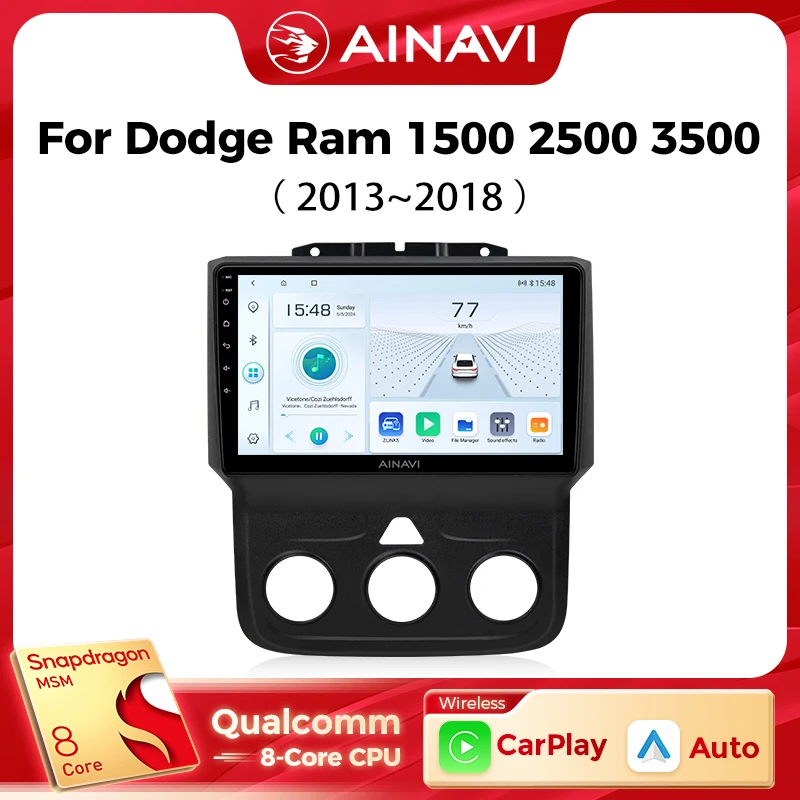 Ainavi Car Multimedia Player For Dodge Ram 1500 2500 3500 2013-2018 wireless Carplay Android Auto 4G Wifi 2din