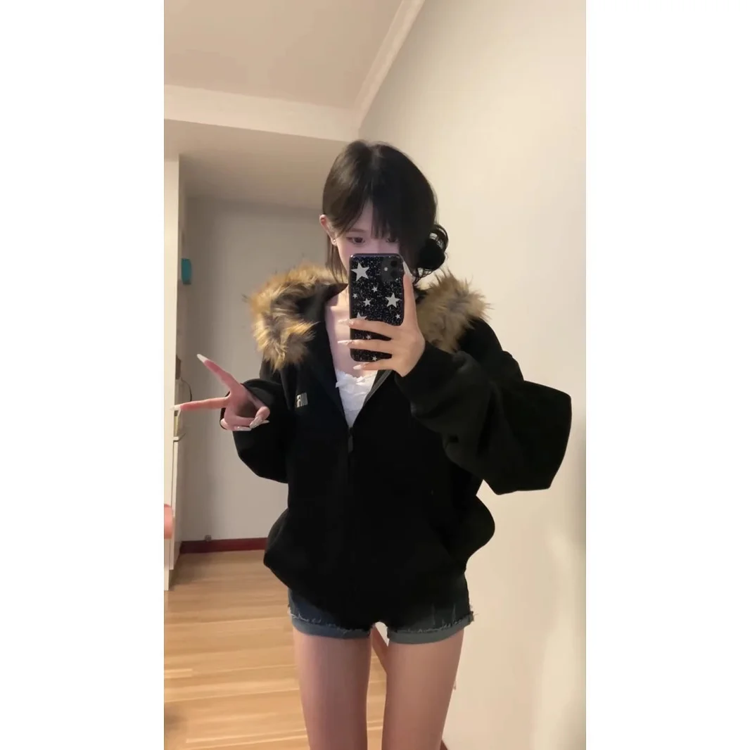 Women Black Zip Up Hoodies Vintage Korean Preppy Style Faux Fur Coat Oversized Casual Sweatshirt Harajuku Autumn Winter