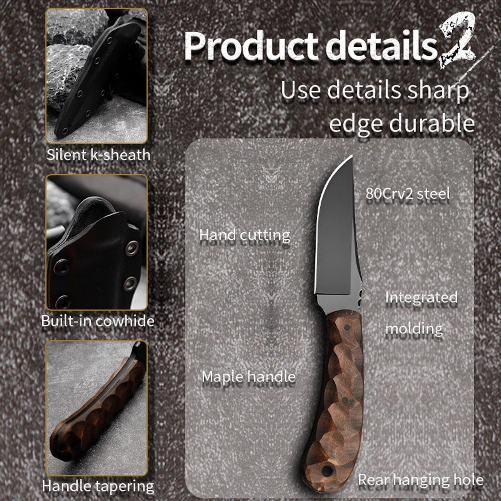 80CRV2 High-Quality Steel Portable Knife Maple Handle Outdoor Adventure Survival Tool Perfect Gift for Husband Hiking