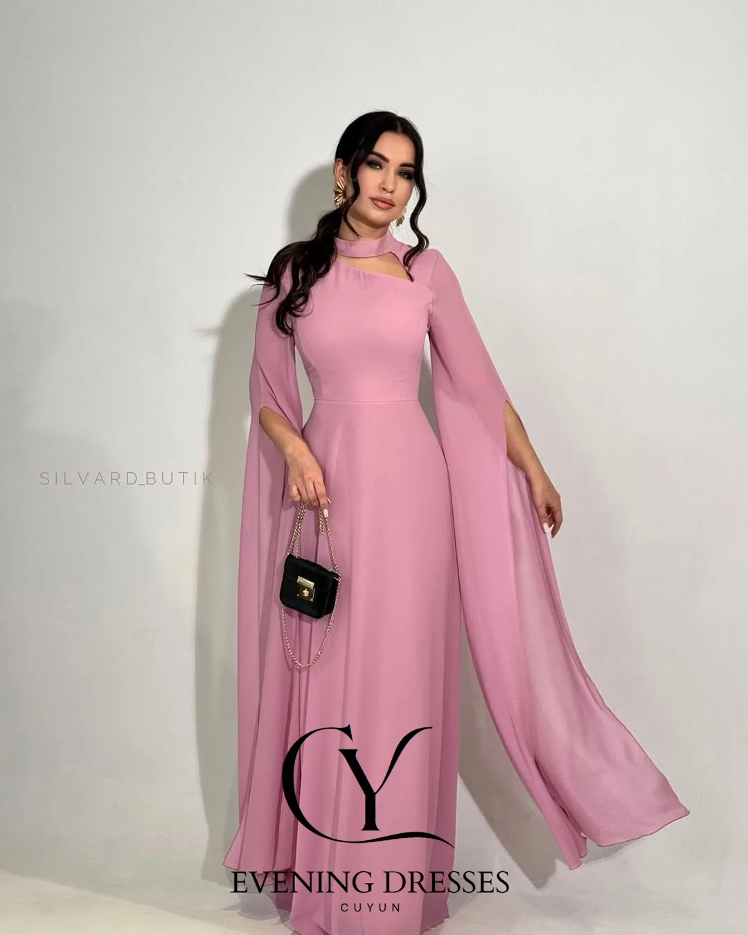 Cuyun elegante chiffon verão evento feminino vestidos de noite personalizado o-pescoço oco para fora mangas compridas com fenda vestidos de baile