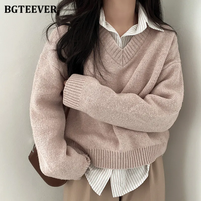 BGTEEVER Casual V-neck Warm Knitted Sweaters for Women Long Sleeve Loose Female Pullovers Jumpers Autumn Winter