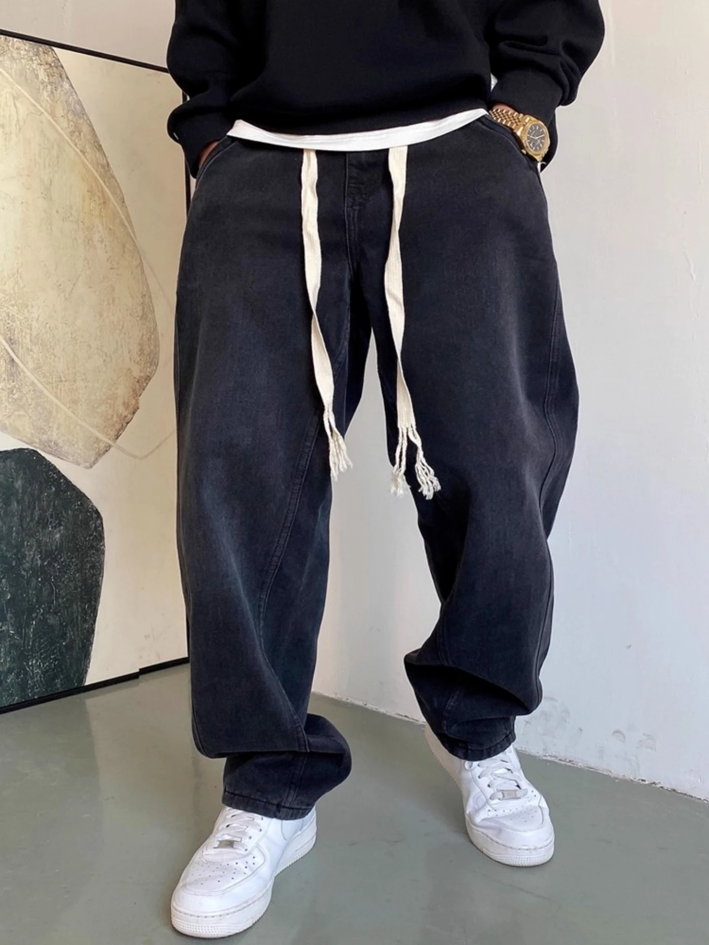 

Мужские джинсы Bla Casual American, весна-осень, свободные, прямые, с эластичным поясом на резинке, универсальные широкие брюки