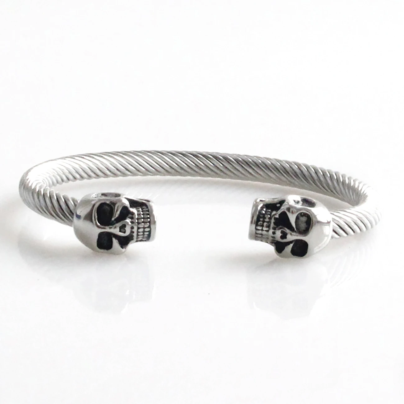 

Mens Rider Stainless Steel Skull Twist 6MM Cable Cuff Opening Adjustable Bracelet Halloween Gift