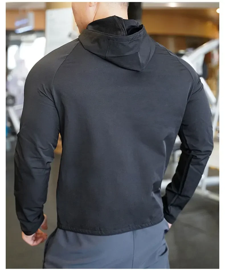 Hochwertiger Nylon-Sportmantel für Herren, Fitnessstudio, Fitness, Hoodies, Outdoor-Workout-Tops, Kapuzentraining, Laufen, Reißverschlussjacke, Kleidung – Detail 5