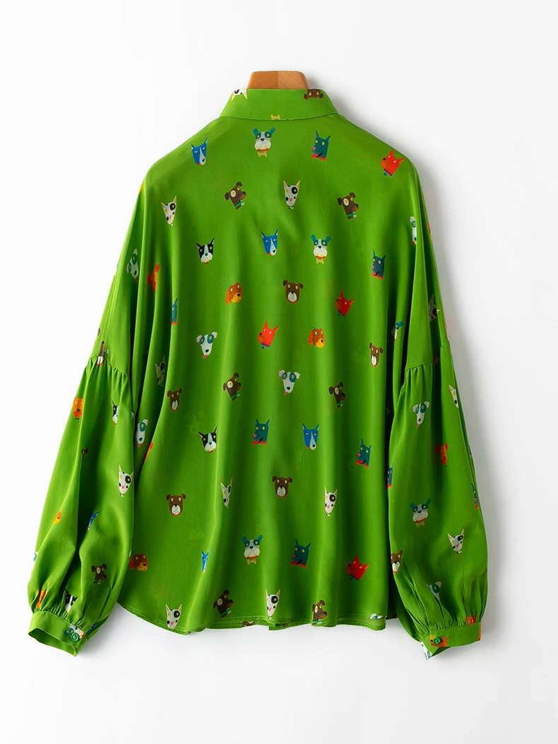 SuyaDream Woman Printed Shirts 100%Mulberry Silk Turn Down Collar Lantern Sleeves Blouses 2023 Spring Summer Green Top