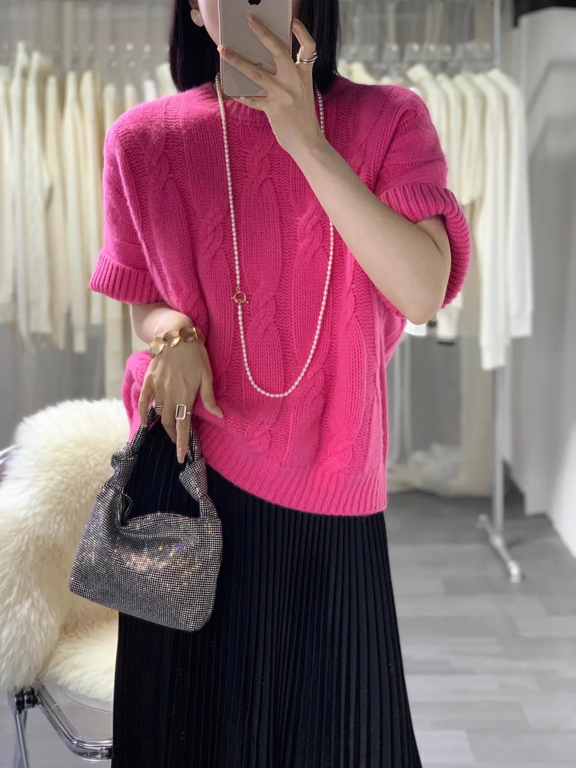 High-grade sweater short-sleeved twisted twist loose cashmere sweater female tide