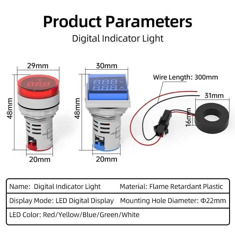 Digitaal display LED Mini Power Indicator Light Signaallamp Vierkant/rond Ampèremeter Voltmeter Thermometer Hertz Meter