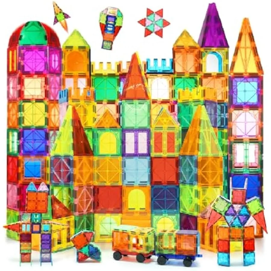 130 PCS Magnetic TilesMagnetic Building Blocks Tiles 3D Clear Construction Magnet Building Set with 2 Cars STEM Educational Mag