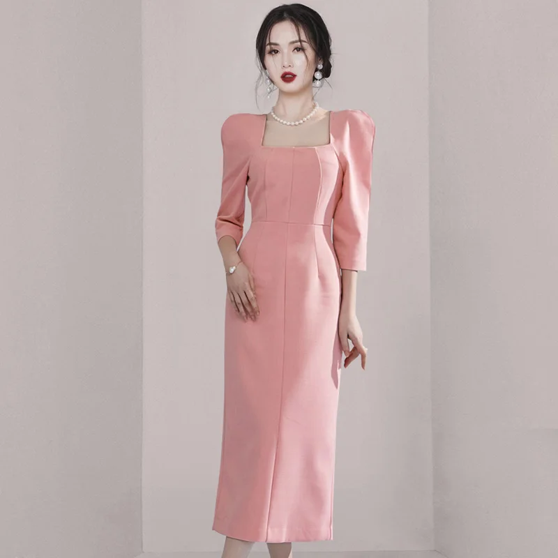 New Korean Elegant Women Square Collar Split Midi Dress 2024 Business Summer Pink Office Ladies Slim Bodycon Work Wear Clothes