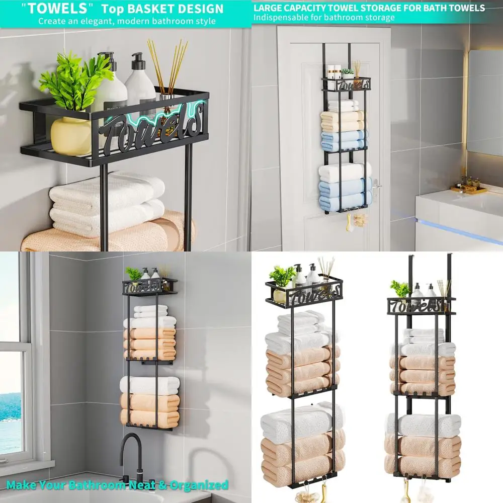 

Дверной 3-х уровневый органайзер для полотенец с металлической полкой и 6 крючками для компактных помещений — черный (подходит для 1,77 дверей)