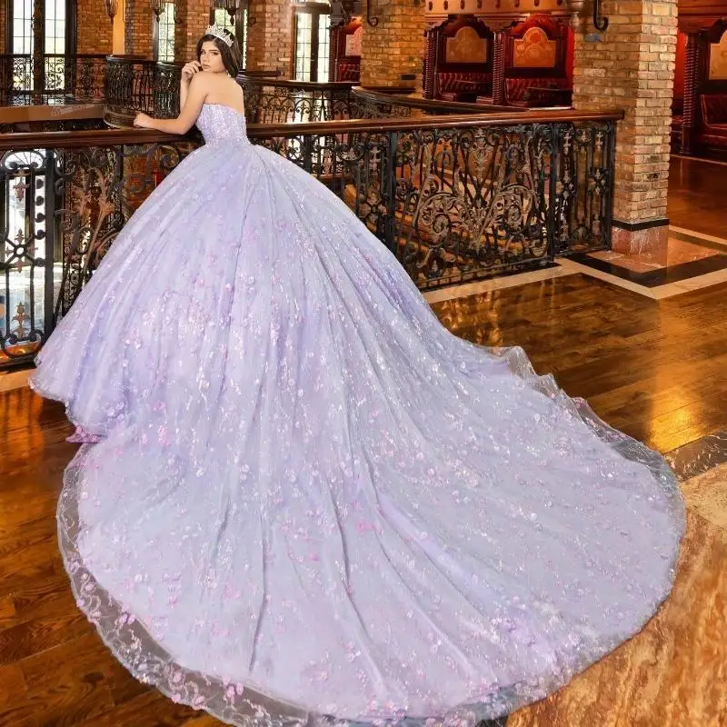 Lilac Princess Ball Gown Quinceanera Dresses Off Shoulder Sequined Beaded Crystals Tull Sweet 16 Party Gown Lace-Up Vestidos De