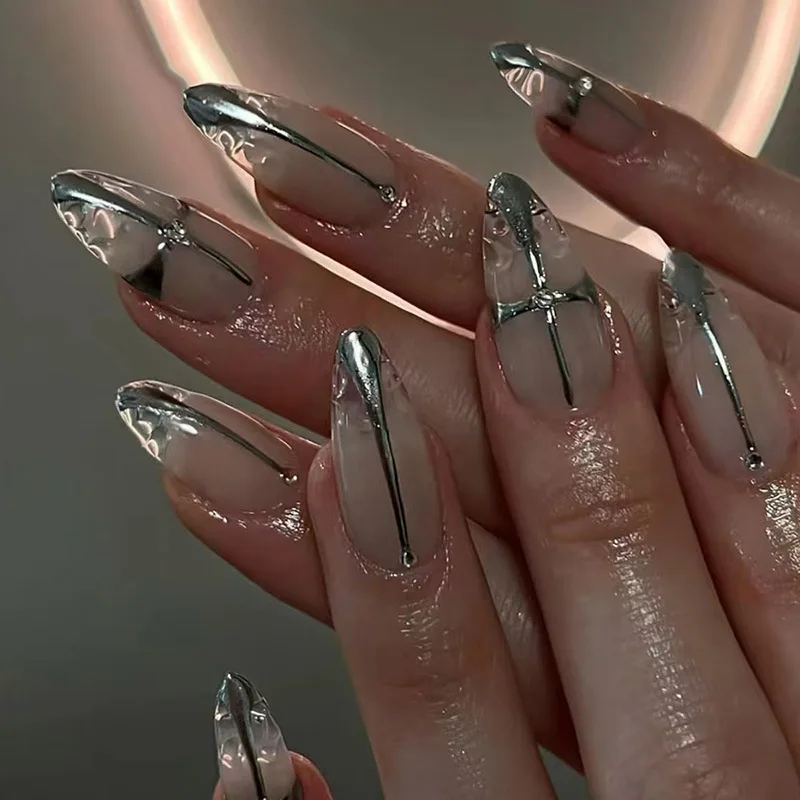 24 pçs doce legal unhas falsas amêndoa imprensa em unhas lua espumante estrelas unhas falsas cobertura completa francês wearable manicure dicas de unhas