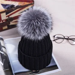 15 Colors Grey White 15cm Real Fox Fur Ball Autumn Winter Women Curled Knitted Big Pompon Hat Korean Wool Children Hat