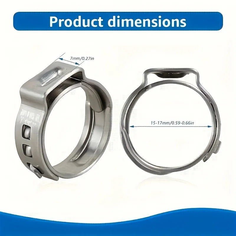 50-Piece Set Single Ear Hose Clamp 5.8-15.7mm 304 Stainless Steel Press-On Hose Clamp Kit for Automotive Hose Fixation